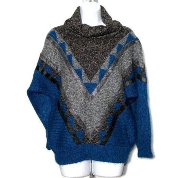 Vintage Sweaters - Vintage Snakeskin Leather Sweater Teal Blue & Gray Oversized Cowl Neck Pullover